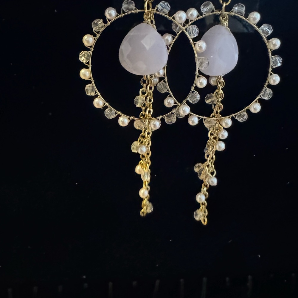 Dreamcatcher NEW Pink and Gold Wire Wrapped Gemstone Chain Beaded Hoop Earrings - Picture 2 of 2